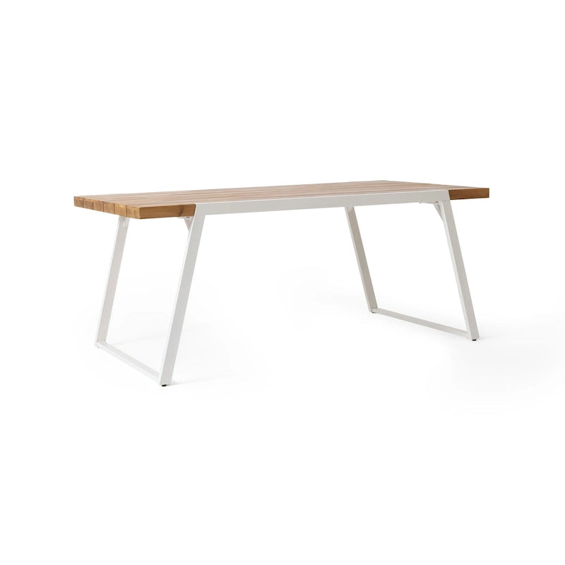 Outdoor Dining Table, Splayed White Sled Base, 71 Inch Acacia Wood