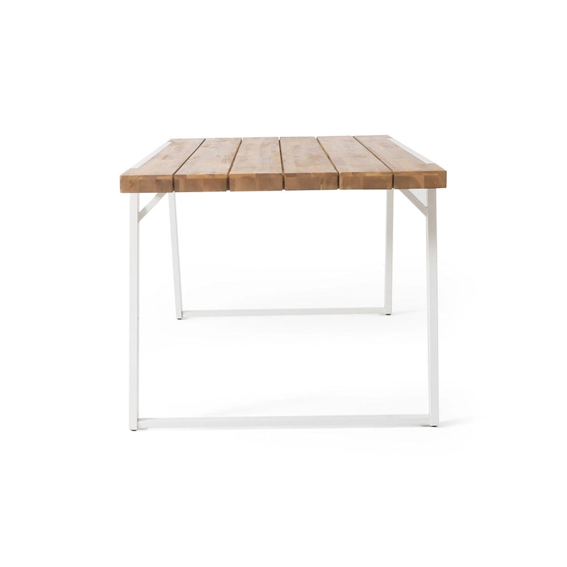 Outdoor Dining Table, Splayed White Sled Base, 71 Inch Acacia Wood