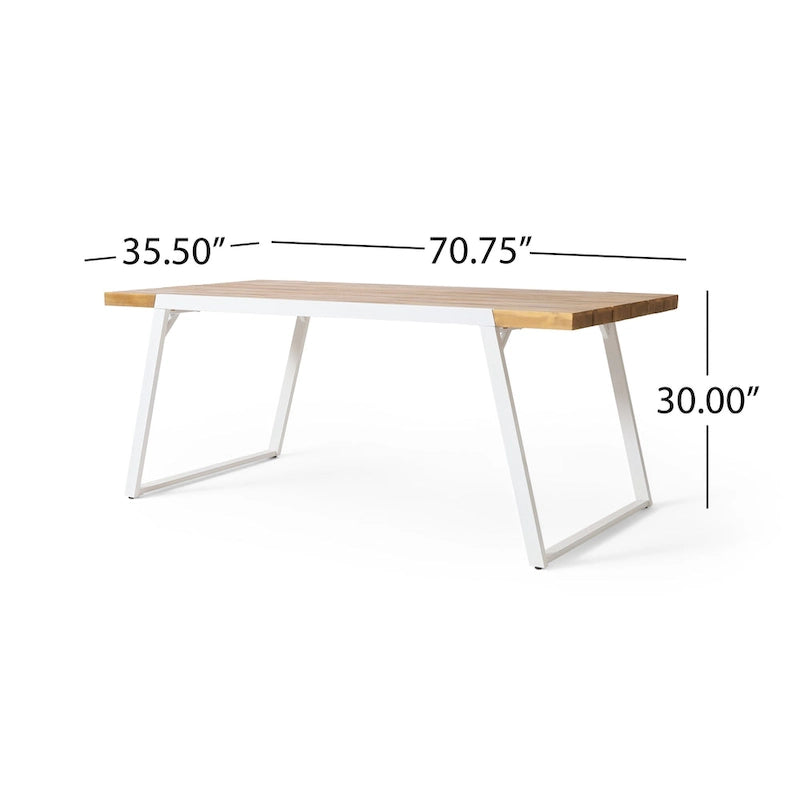 Outdoor Dining Table, Splayed White Sled Base, 71 Inch Acacia Wood