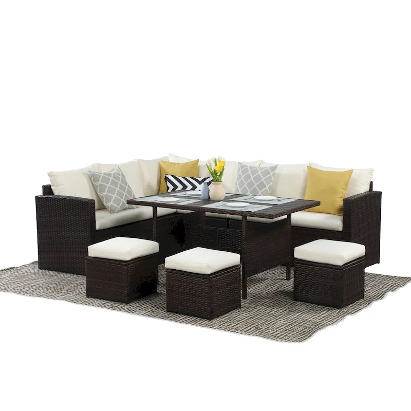 7 Pcs Patio Furniture Set, Outdoor Sectional Sofa Set, All Weather Rattan Conversation Set with High Dining Table and Ottoman