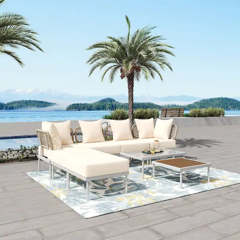 8 Pcs Wood Outdoor Furniture Set, Patio L-Shaped Sectional Sofa Set with Tempered Glass Coffee Table and Wooden Coffee Table