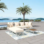 8 Pcs Wood Outdoor Furniture Set, Patio L-Shaped Sectional Sofa Set with Tempered Glass Coffee Table and Wooden Coffee Table