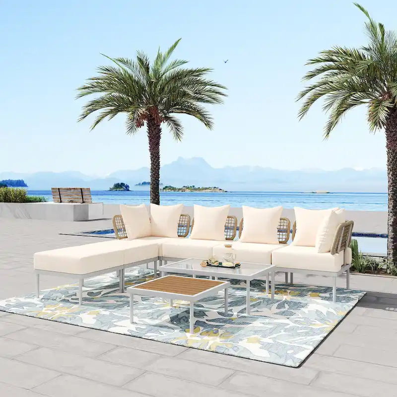 8 Pcs Wood Outdoor Furniture Set, Patio L-Shaped Sectional Sofa Set with Tempered Glass Coffee Table and Wooden Coffee Table