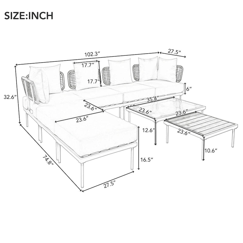 8 Pcs Wood Outdoor Furniture Set, Patio L-Shaped Sectional Sofa Set with Tempered Glass Coffee Table and Wooden Coffee Table