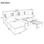 8 Pcs Wood Outdoor Furniture Set, Patio L-Shaped Sectional Sofa Set with Tempered Glass Coffee Table and Wooden Coffee Table