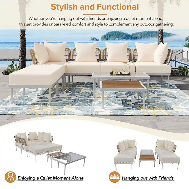 8 Pcs Wood Outdoor Furniture Set, Patio L-Shaped Sectional Sofa Set with Tempered Glass Coffee Table and Wooden Coffee Table
