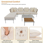 8 Pcs Wood Outdoor Furniture Set, Patio L-Shaped Sectional Sofa Set with Tempered Glass Coffee Table and Wooden Coffee Table