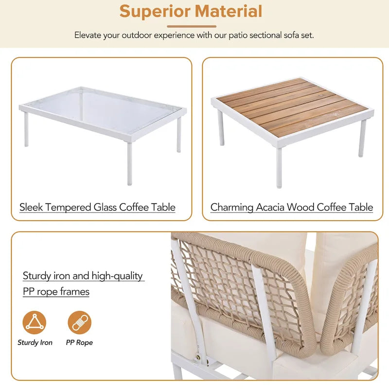 8 Pcs Wood Outdoor Furniture Set, Patio L-Shaped Sectional Sofa Set with Tempered Glass Coffee Table and Wooden Coffee Table