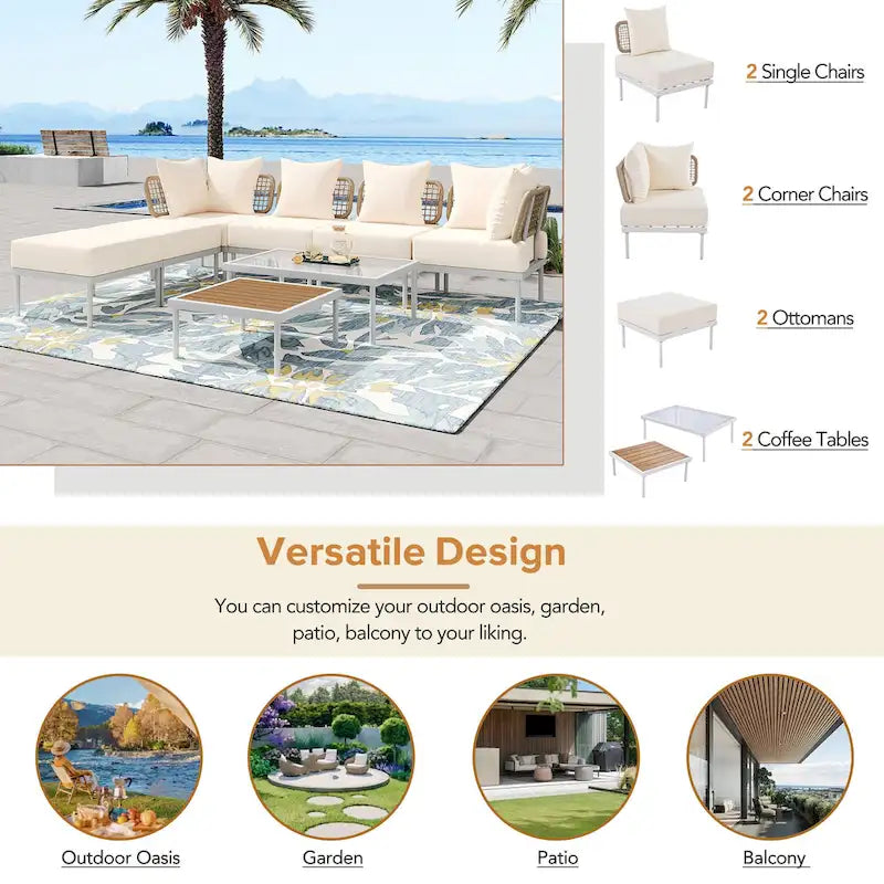 8 Pcs Wood Outdoor Furniture Set, Patio L-Shaped Sectional Sofa Set with Tempered Glass Coffee Table and Wooden Coffee Table
