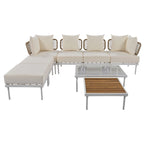 8 Pcs Wood Outdoor Furniture Set, Patio L-Shaped Sectional Sofa Set with Tempered Glass Coffee Table and Wooden Coffee Table