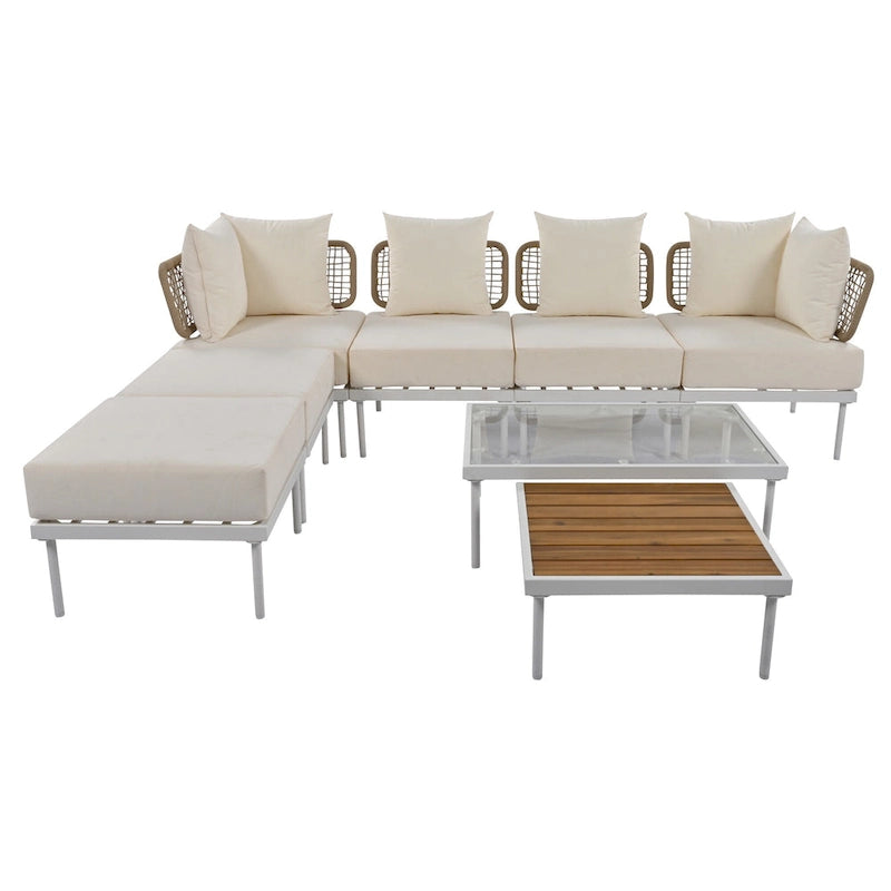 8 Pcs Wood Outdoor Furniture Set, Patio L-Shaped Sectional Sofa Set with Tempered Glass Coffee Table and Wooden Coffee Table