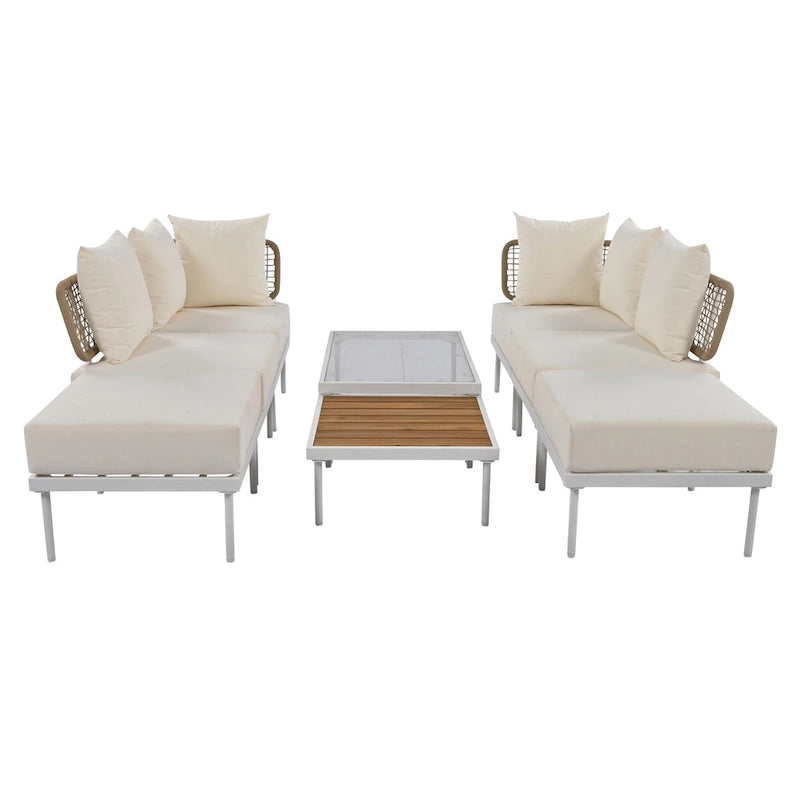 8 Pcs Wood Outdoor Furniture Set, Patio L-Shaped Sectional Sofa Set with Tempered Glass Coffee Table and Wooden Coffee Table