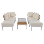 8 Pcs Wood Outdoor Furniture Set, Patio L-Shaped Sectional Sofa Set with Tempered Glass Coffee Table and Wooden Coffee Table