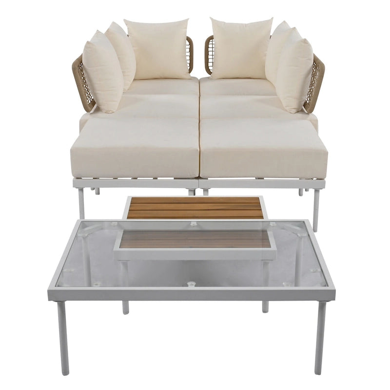 8 Pcs Wood Outdoor Furniture Set, Patio L-Shaped Sectional Sofa Set with Tempered Glass Coffee Table and Wooden Coffee Table