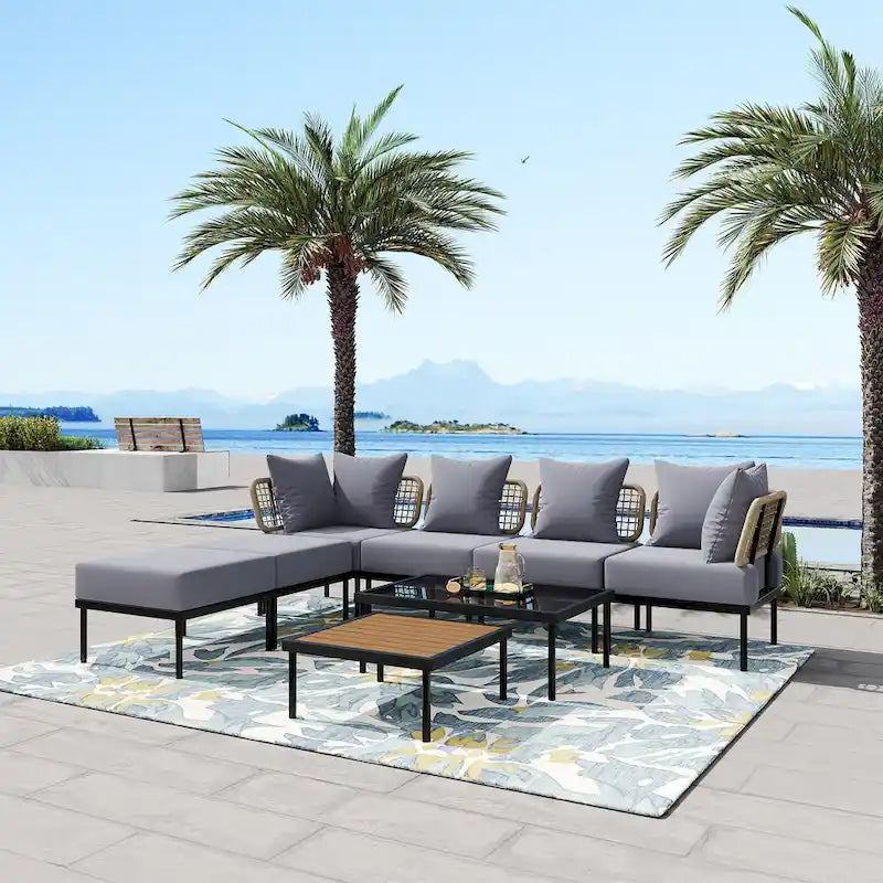 8 Pcs Wood Outdoor Furniture Set, Patio L-Shaped Sectional Sofa Set with Tempered Glass Coffee Table and Wooden Coffee Table