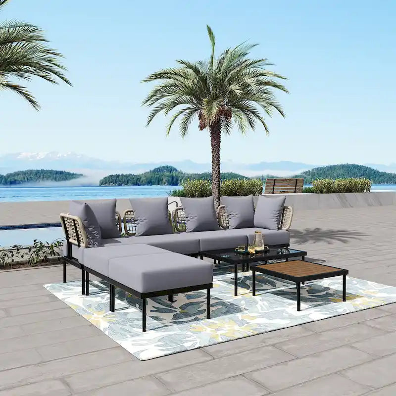 8 Pcs Wood Outdoor Furniture Set, Patio L-Shaped Sectional Sofa Set with Tempered Glass Coffee Table and Wooden Coffee Table