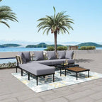 8 Pcs Wood Outdoor Furniture Set, Patio L-Shaped Sectional Sofa Set with Tempered Glass Coffee Table and Wooden Coffee Table