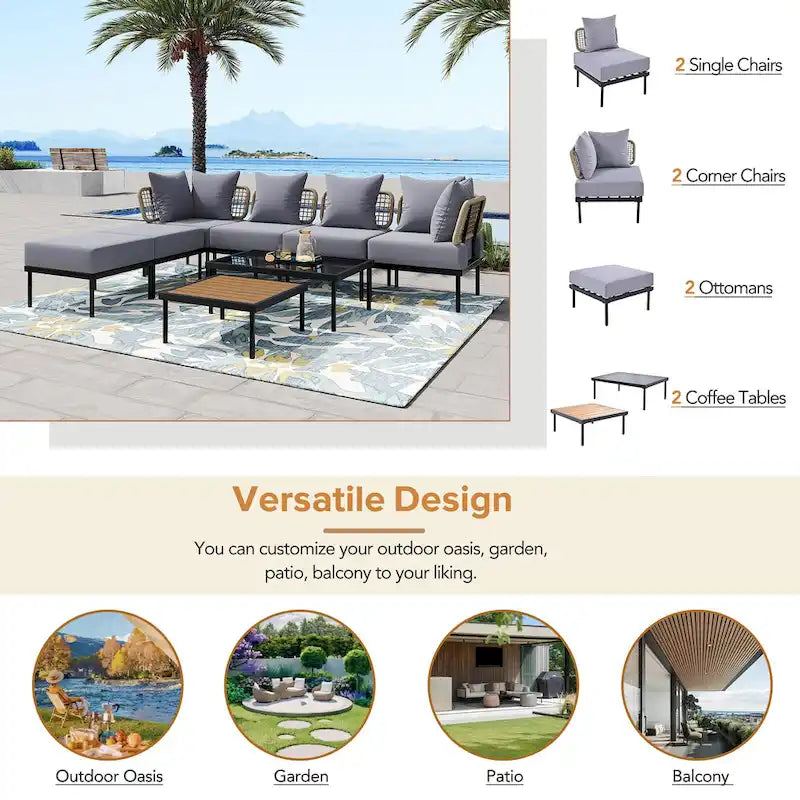 8 Pcs Wood Outdoor Furniture Set, Patio L-Shaped Sectional Sofa Set with Tempered Glass Coffee Table and Wooden Coffee Table