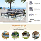 8 Pcs Wood Outdoor Furniture Set, Patio L-Shaped Sectional Sofa Set with Tempered Glass Coffee Table and Wooden Coffee Table