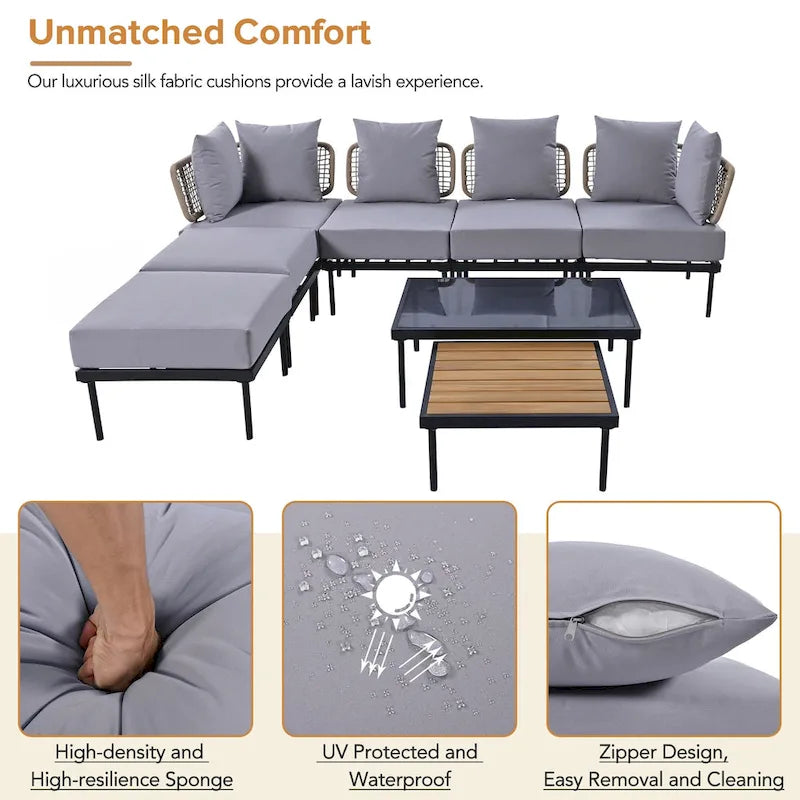 8 Pcs Wood Outdoor Furniture Set, Patio L-Shaped Sectional Sofa Set with Tempered Glass Coffee Table and Wooden Coffee Table