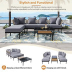8 Pcs Wood Outdoor Furniture Set, Patio L-Shaped Sectional Sofa Set with Tempered Glass Coffee Table and Wooden Coffee Table