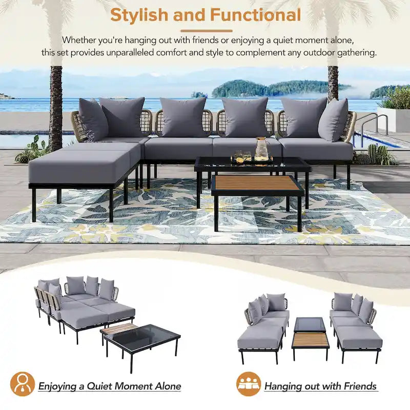 8 Pcs Wood Outdoor Furniture Set, Patio L-Shaped Sectional Sofa Set with Tempered Glass Coffee Table and Wooden Coffee Table
