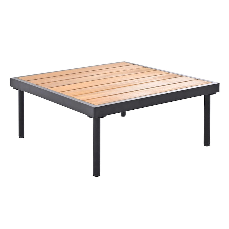8 Pcs Wood Outdoor Furniture Set, Patio L-Shaped Sectional Sofa Set with Tempered Glass Coffee Table and Wooden Coffee Table