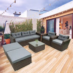 6 Piece Patio Rattan Outdoor Furniture Set, Patio Sofa Conversation Set with Coffee Table, Chairs and Ottomans