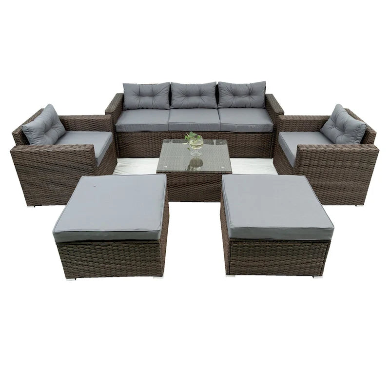 6 Piece Patio Rattan Outdoor Furniture Set, Patio Sofa Conversation Set with Coffee Table, Chairs and Ottomans