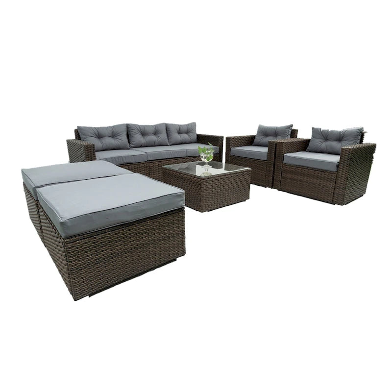 6 Piece Patio Rattan Outdoor Furniture Set, Patio Sofa Conversation Set with Coffee Table, Chairs and Ottomans