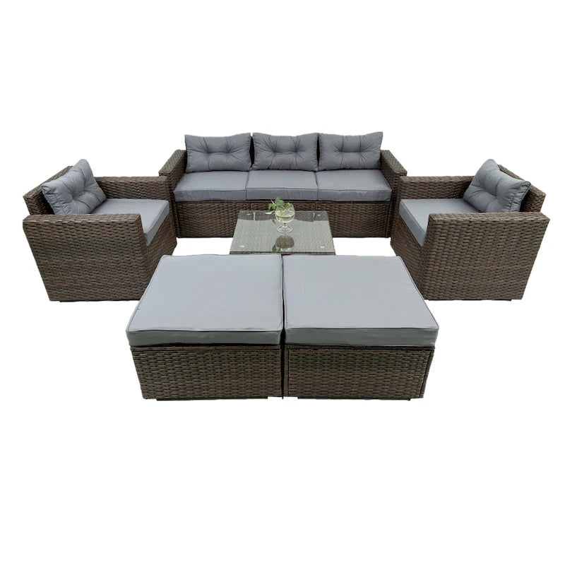 6 Piece Patio Rattan Outdoor Furniture Set, Patio Sofa Conversation Set with Coffee Table, Chairs and Ottomans