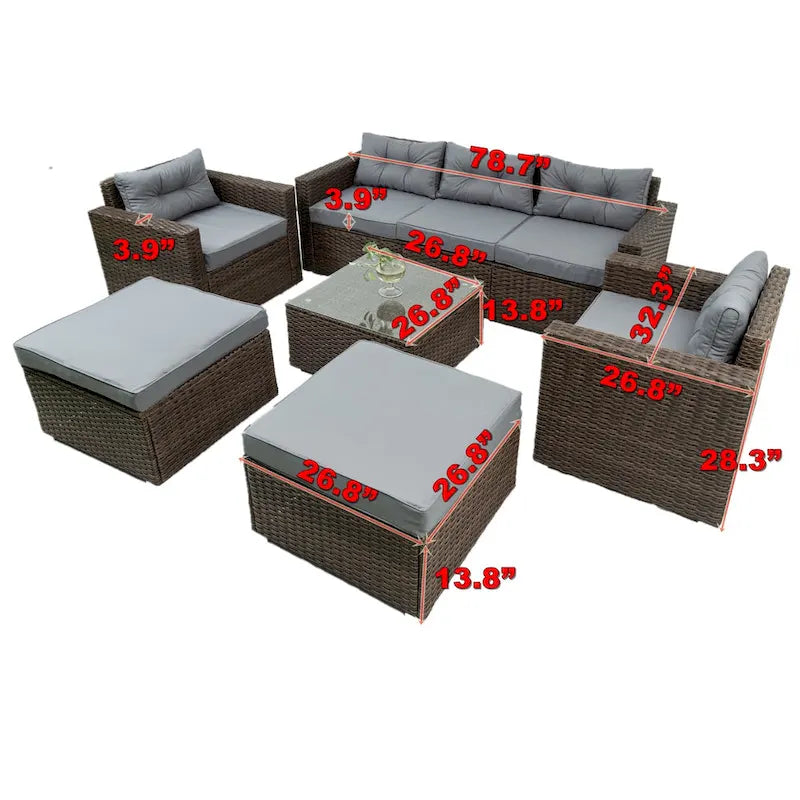 6 Piece Patio Rattan Outdoor Furniture Set, Patio Sofa Conversation Set with Coffee Table, Chairs and Ottomans