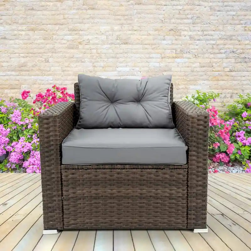 6 Piece Patio Rattan Outdoor Furniture Set, Patio Sofa Conversation Set with Coffee Table, Chairs and Ottomans