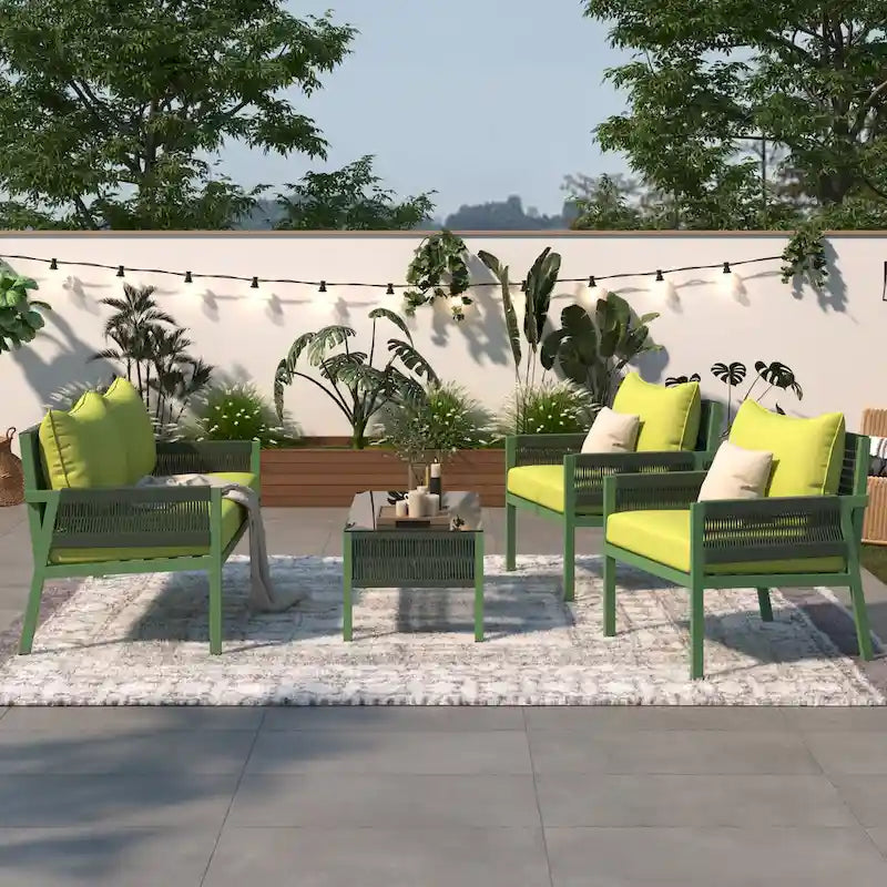 4-Piece Patio Furniture Set, Outdoor Garden Conversation Set with Tempered Glass Table, Deep Seating and Thick Cushion