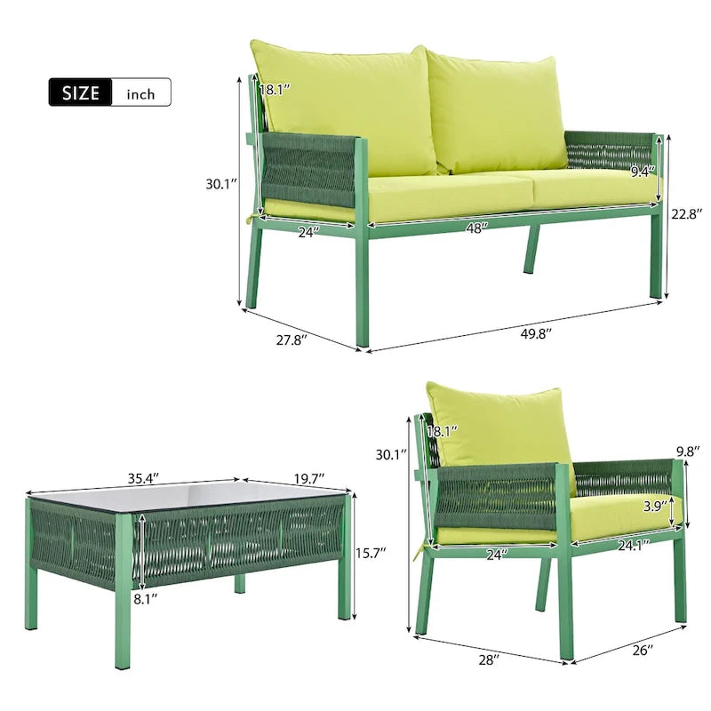 4-Piece Patio Furniture Set, Outdoor Garden Conversation Set with Tempered Glass Table, Deep Seating and Thick Cushion