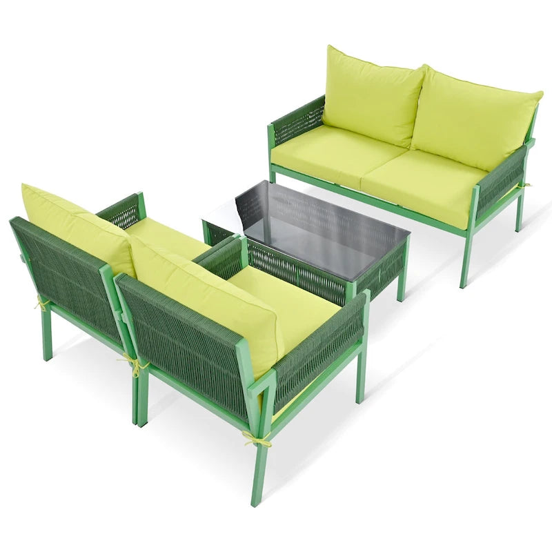 4-Piece Patio Furniture Set, Outdoor Garden Conversation Set with Tempered Glass Table, Deep Seating and Thick Cushion