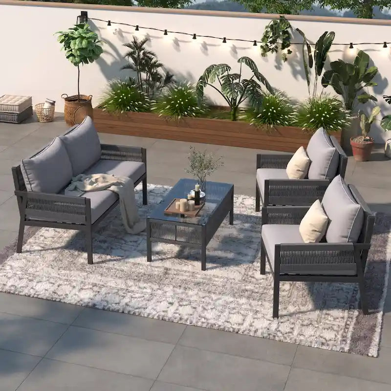 4-Piece Patio Furniture Set, Outdoor Garden Conversation Set with Tempered Glass Table, Deep Seating and Thick Cushion