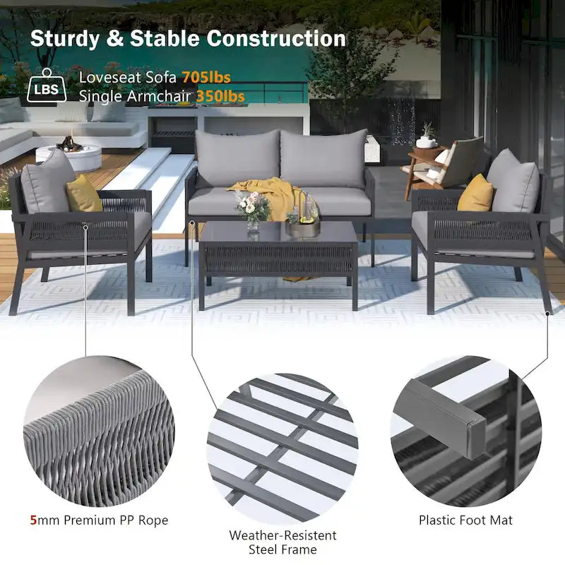 4-Piece Patio Furniture Set, Outdoor Garden Conversation Set with Tempered Glass Table, Deep Seating and Thick Cushion