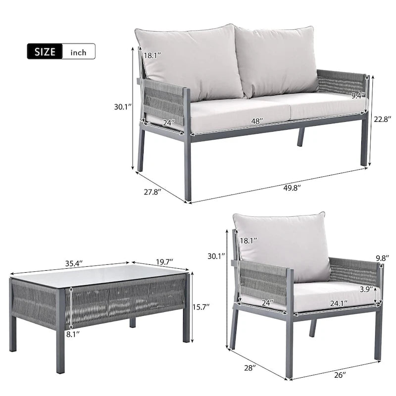 4-Piece Patio Furniture Set, Outdoor Garden Conversation Set with Tempered Glass Table, Deep Seating and Thick Cushion