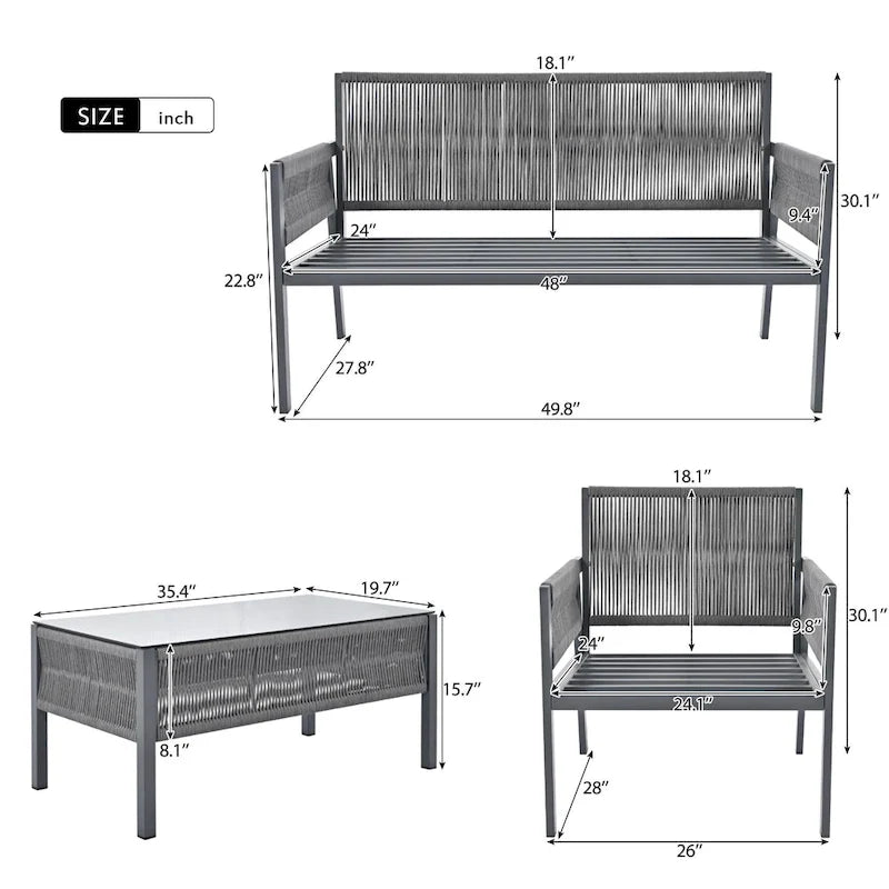 4-Piece Patio Furniture Set, Outdoor Garden Conversation Set with Tempered Glass Table, Deep Seating and Thick Cushion