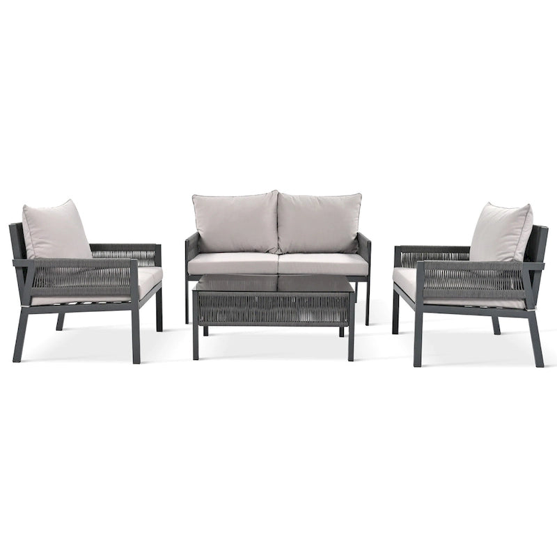 4-Piece Patio Furniture Set, Outdoor Garden Conversation Set with Tempered Glass Table, Deep Seating and Thick Cushion