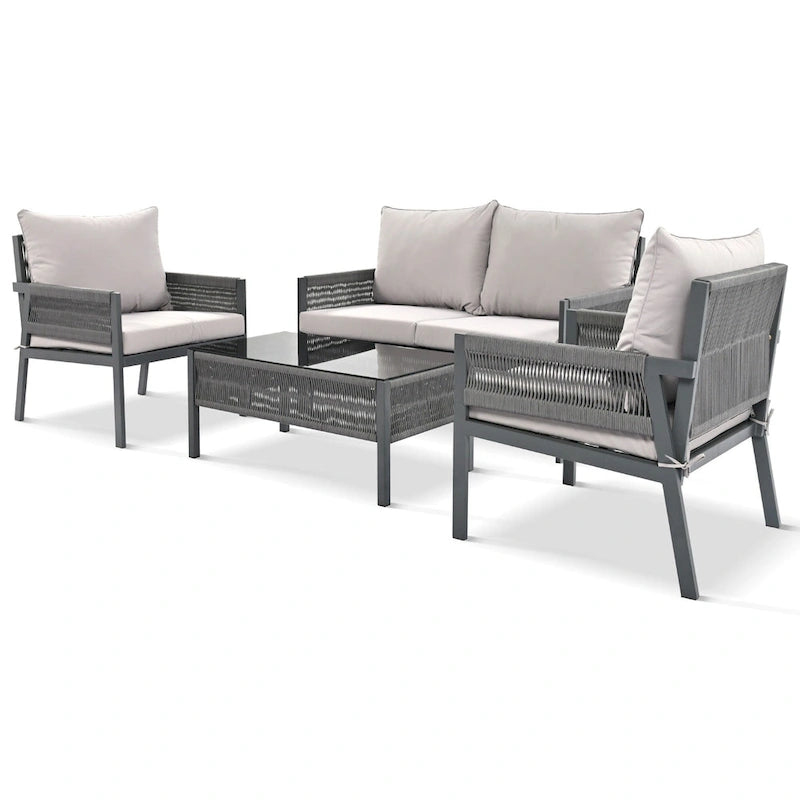 4-Piece Patio Furniture Set, Outdoor Garden Conversation Set with Tempered Glass Table, Deep Seating and Thick Cushion