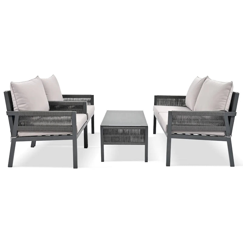 4-Piece Patio Furniture Set, Outdoor Garden Conversation Set with Tempered Glass Table, Deep Seating and Thick Cushion