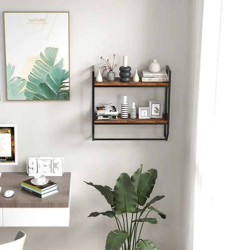 Gymax Wall Mounted Bathroom Shelf Industrial 2-Tier Storage Rack w/