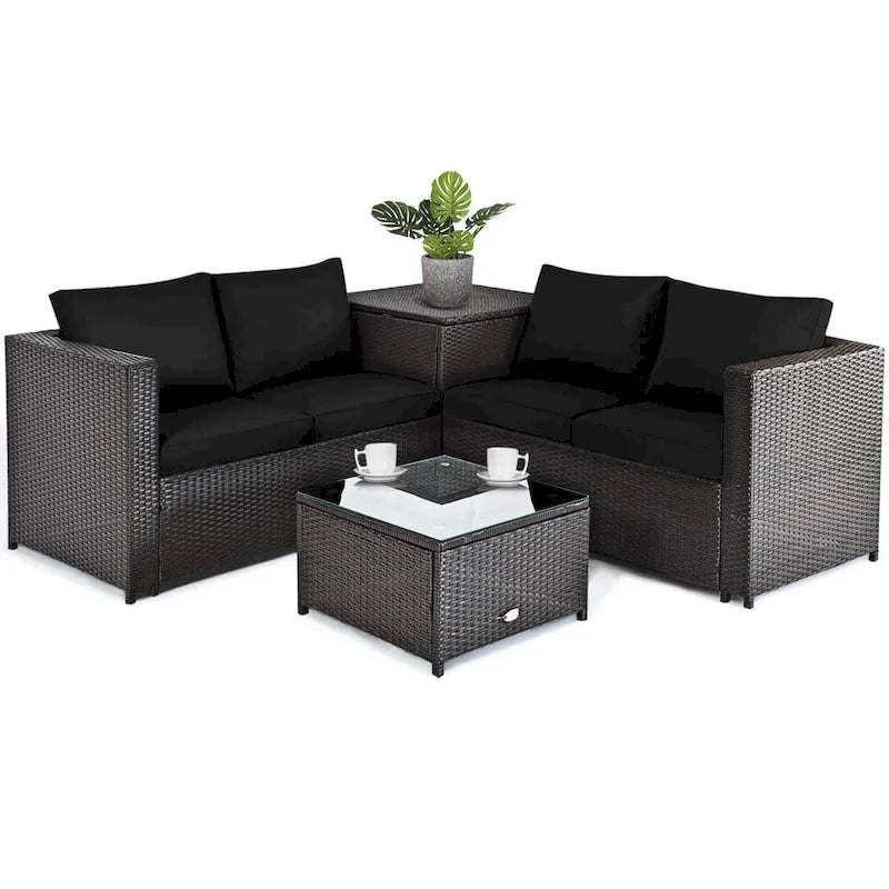 Gymax Set of 4 Patio Rattan Furniture Set Cushioned Loveseat Storage