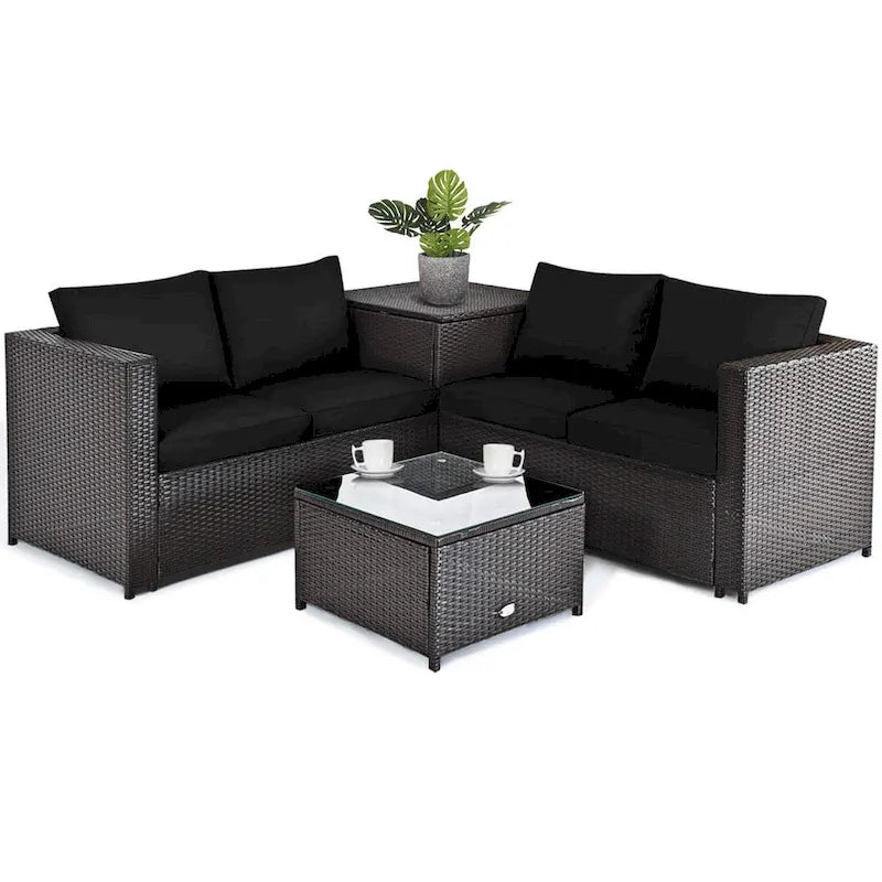 Gymax Set of 4 Patio Rattan Furniture Set Cushioned Loveseat Storage