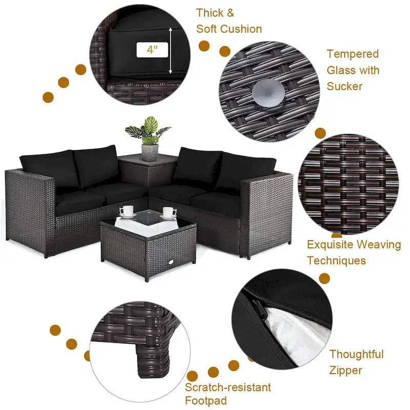 Gymax Set of 4 Patio Rattan Furniture Set Cushioned Loveseat Storage