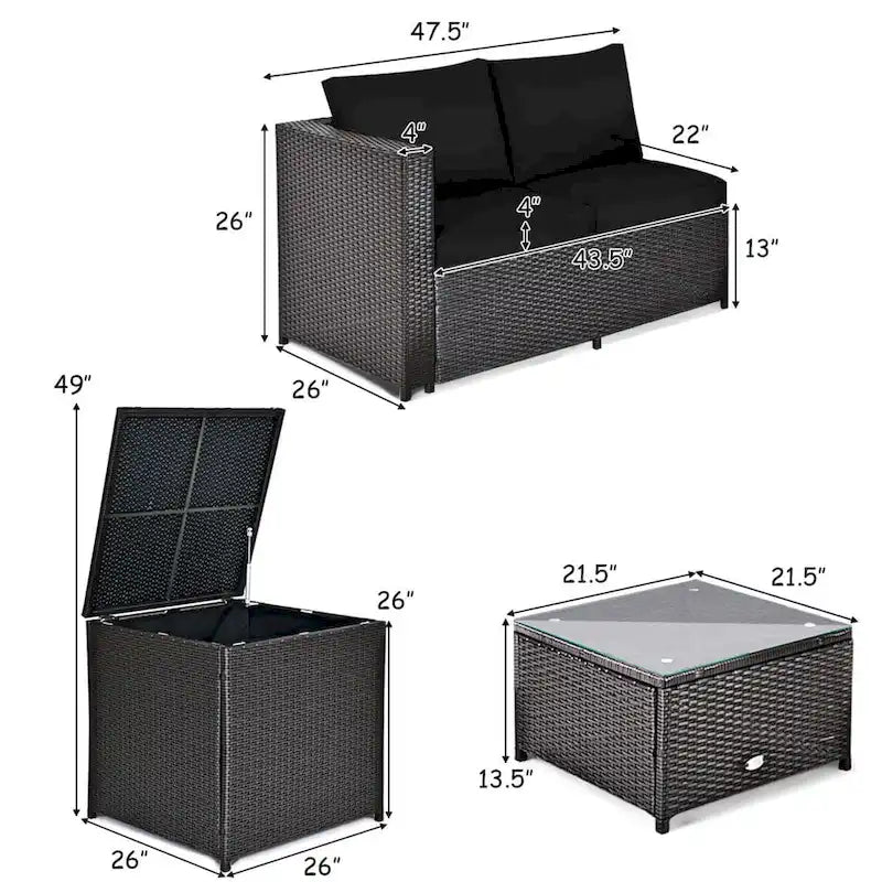 Gymax Set of 4 Patio Rattan Furniture Set Cushioned Loveseat Storage