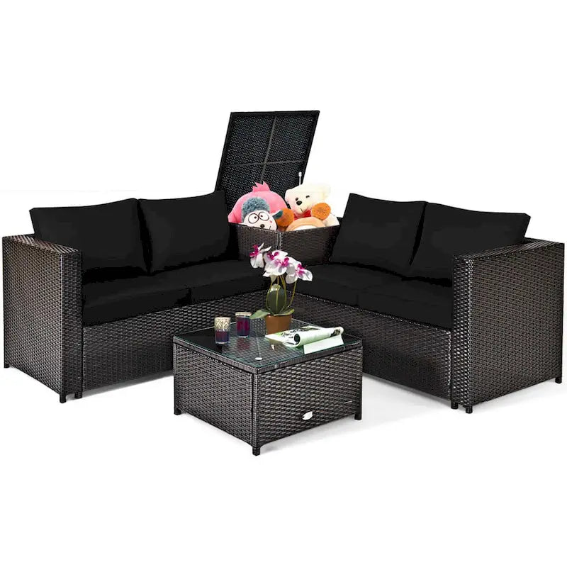 Gymax Set of 4 Patio Rattan Furniture Set Cushioned Loveseat Storage