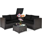 Gymax Set of 4 Patio Rattan Furniture Set Cushioned Loveseat Storage